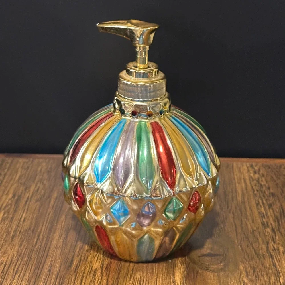Vintage Allure 1998 Multi Color Glass Soap Dispenser Gold Pump Bohemian Decor